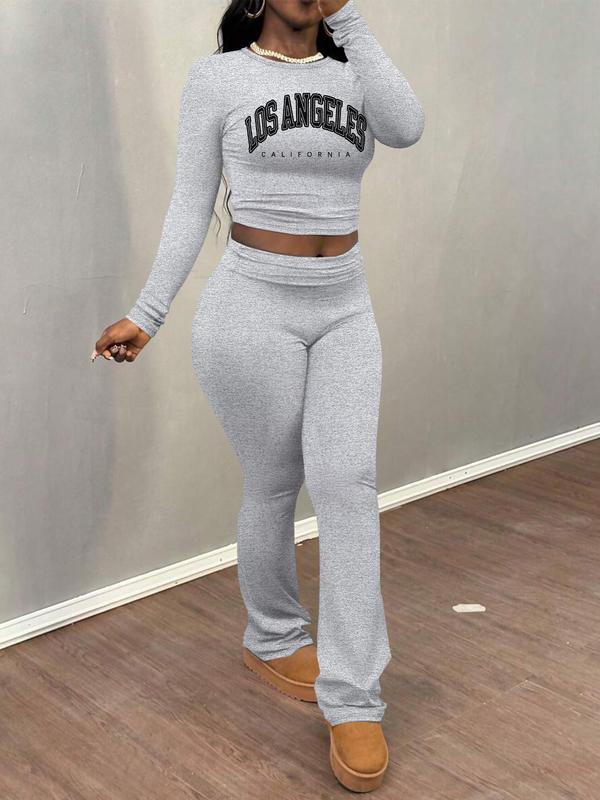 Women's Letter Print Long Sleeve Crop Tee & Plain Flare Leg Pants Two-Piece Set, Casual Fashion Cozy Round Neck Top & Bell Bottom Trousers for Daily Outdoor Wear, Women's Clothing for Fall & Winter