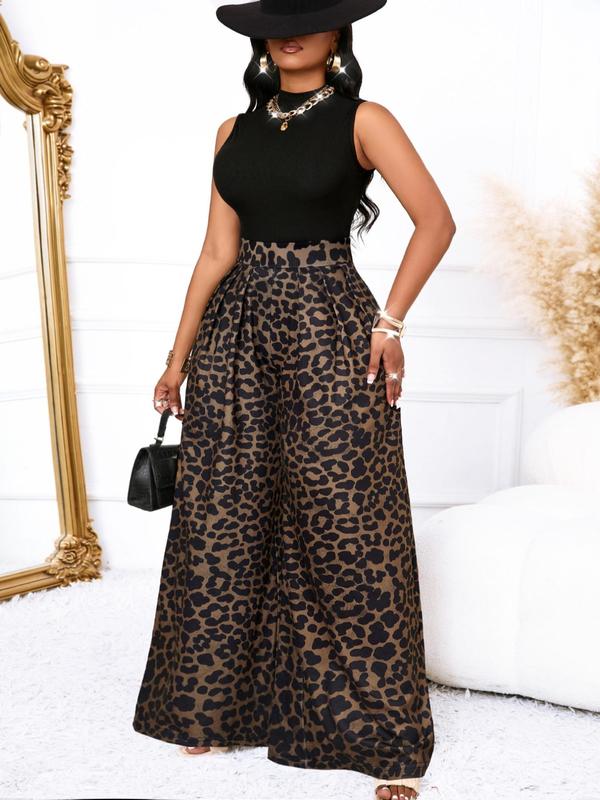 Women's Leopard Patchwork Print Keyhole Neck Tank Jumpsuit, Casual Sleeveless Wide Leg Jumpsuit for Daily Wear, Ladies Clothes for All Seasons