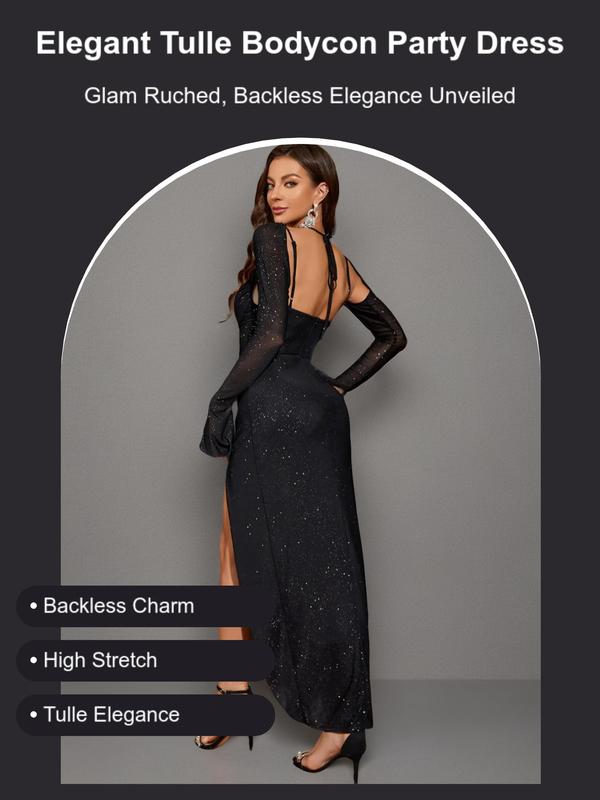 Women's Ruched Backless Split Thigh Tulle Party Dress, Fall Outfits, Elegant Flounce Sleeve Long Bodycon Dress for Evening Party, Fall Ladies' Clothes, Fallfreshness Clothes, Vintage Girly Long Sleeve Clothes