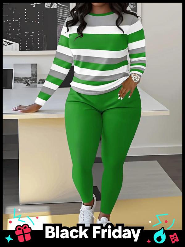  Colorblock Striped Sweatshirt & Skinny Pants Set, Casual Round Neck Long Sleeve Pullover & Trousers, Women's Fall & Winter Clothes
