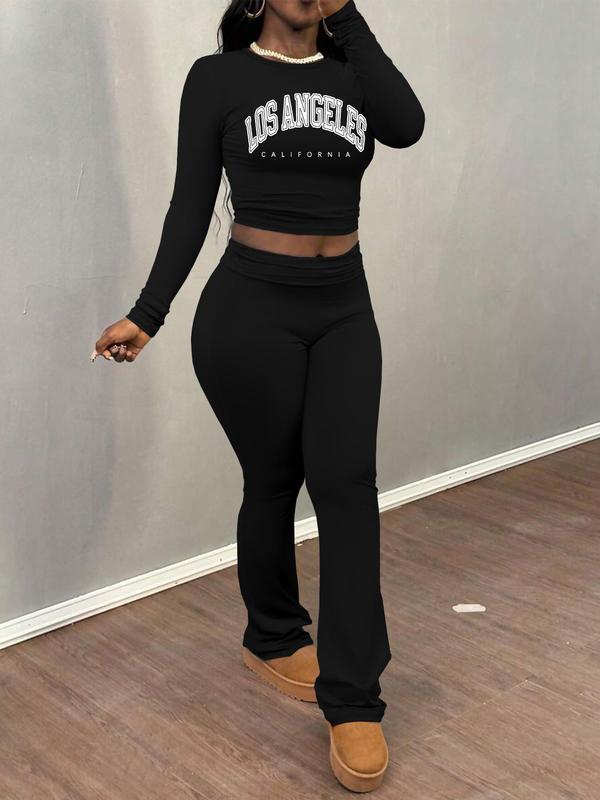 Women's Letter Print Long Sleeve Crop Tee & Plain Flare Leg Pants Two-Piece Set, Casual Fashion Cozy Round Neck Top & Bell Bottom Trousers for Daily Outdoor Wear, Women's Clothing for Fall & Winter