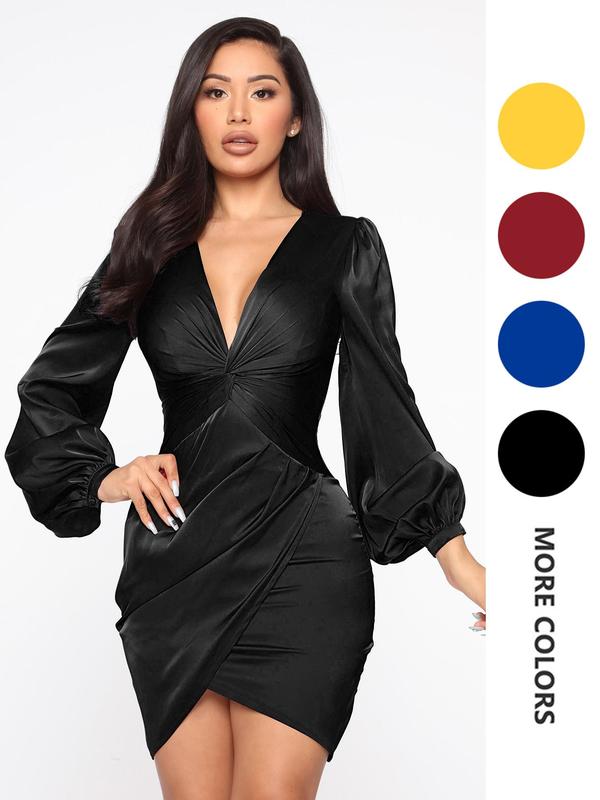 Women's Twist Wrap Deep V Neck Bodycon Dress, Elegant Bishop Sleeve Short Dress for Party Club Dating Wear, Birthday Dresses 2024, Women's Clothing for Spring & Fall