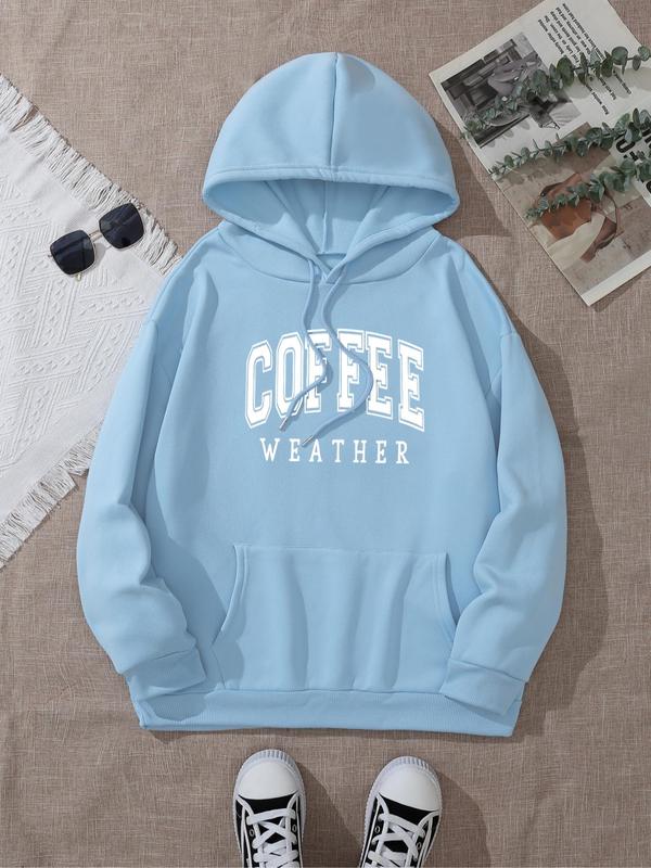 Women's Letter Print Drop Shoulder Thermal Lined Hoodie, Fashion Casual Drawstring Pocket Hooded Sweatshirt for Daily Holiday Outdoor Wear, Women Clothing for Fall & Winter