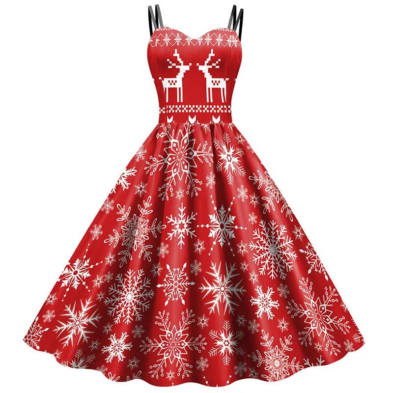 Women Christmas Cosplay Costumes Vintage Holiday Party Elk Snowflake Print Fur Necklace Sexy Spaghetti Strap Dress New Year
