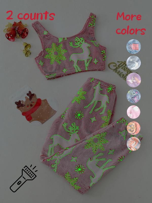 Women's Glow in The Dark Heart & Star Flannel Halloween Pajamas Set, Fluffy Pajamas, Round Neck Sleeveless Crop Tank Top & Elastic Waist Pants Pjs Set, Women's Sleepwear, Fall Cute Wear, Pajama Pants at Gym