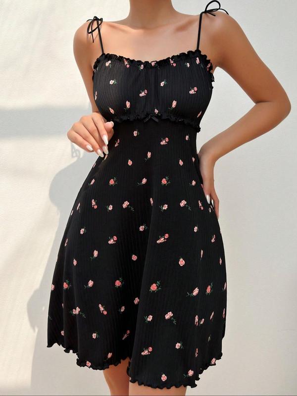 Women's Ditsy Floral Print Tie Shoulder Cami Nightdress, Elegant Spaghetti Strap Frill Trim Sleep Dress, Women's Sleepwear & Loungewear, Summer Wear 2024