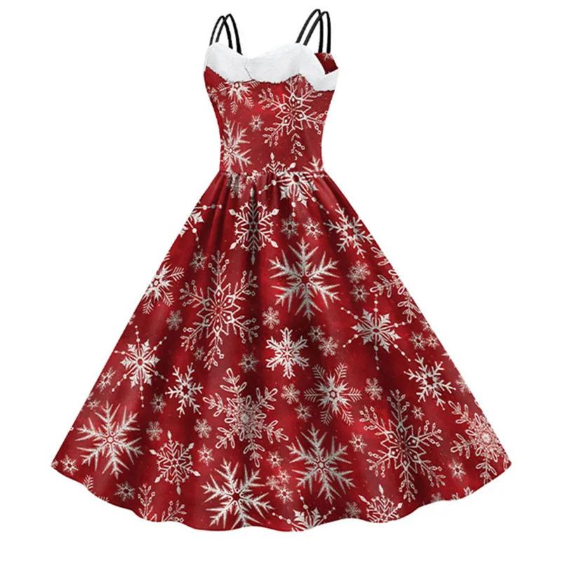 Women Christmas Cosplay Costumes Vintage Holiday Party Elk Snowflake Print Fur Necklace Sexy Spaghetti Strap Dress New Year
