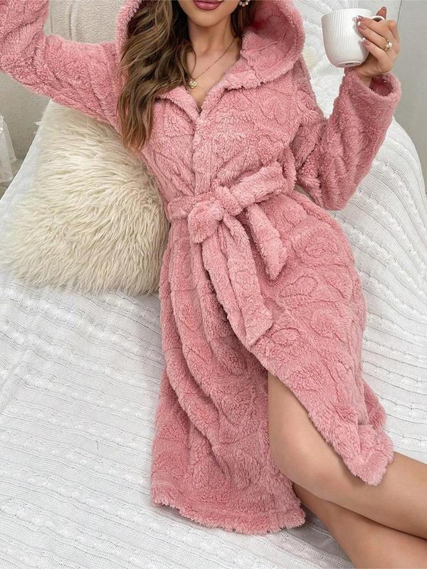 Women's Heart Pattern Belted Fuzzy Hooded Bathrobe, Casual Long Sleeve Dressing Gown, Ladies Sleepwear for Fall & Winter
