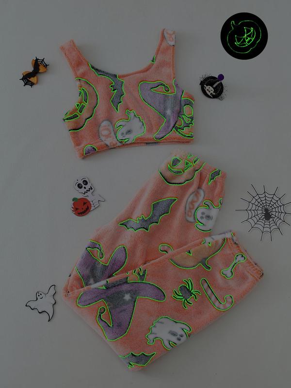 Women's Glow in The Dark Heart & Star Flannel Halloween Pajamas Set, Fluffy Pajamas, Round Neck Sleeveless Crop Tank Top & Elastic Waist Pants Pjs Set, Women's Sleepwear, Fall Cute Wear, Pajama Pants at Gym