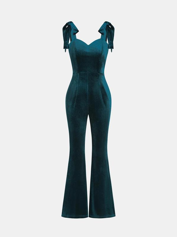 YOZY Women's Tie Shoulder Flare Leg Velvet Overalls Jumpsuit, Casual Sweetheart Neck Sleeveless Bell Bottom Jumpsuit for Fall & Winter, Women's Clothes for Daily Wear