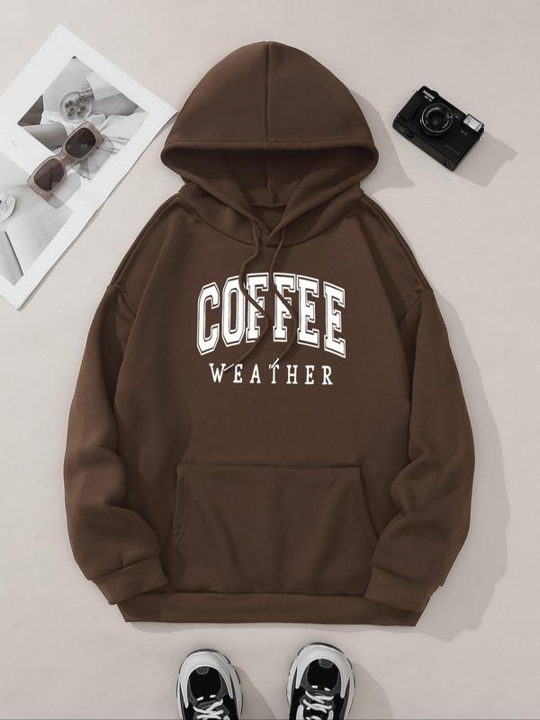 Women's Letter Print Drop Shoulder Thermal Lined Hoodie, Fashion Casual Drawstring Pocket Hooded Sweatshirt for Daily Holiday Outdoor Wear, Women Clothing for Fall & Winter