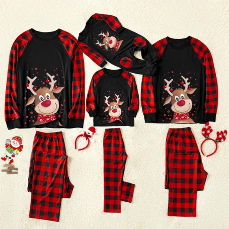 Matching Christmas Pajamas For Family Deer Plaid Print Pajamas Round Neck Parent-child Clothing