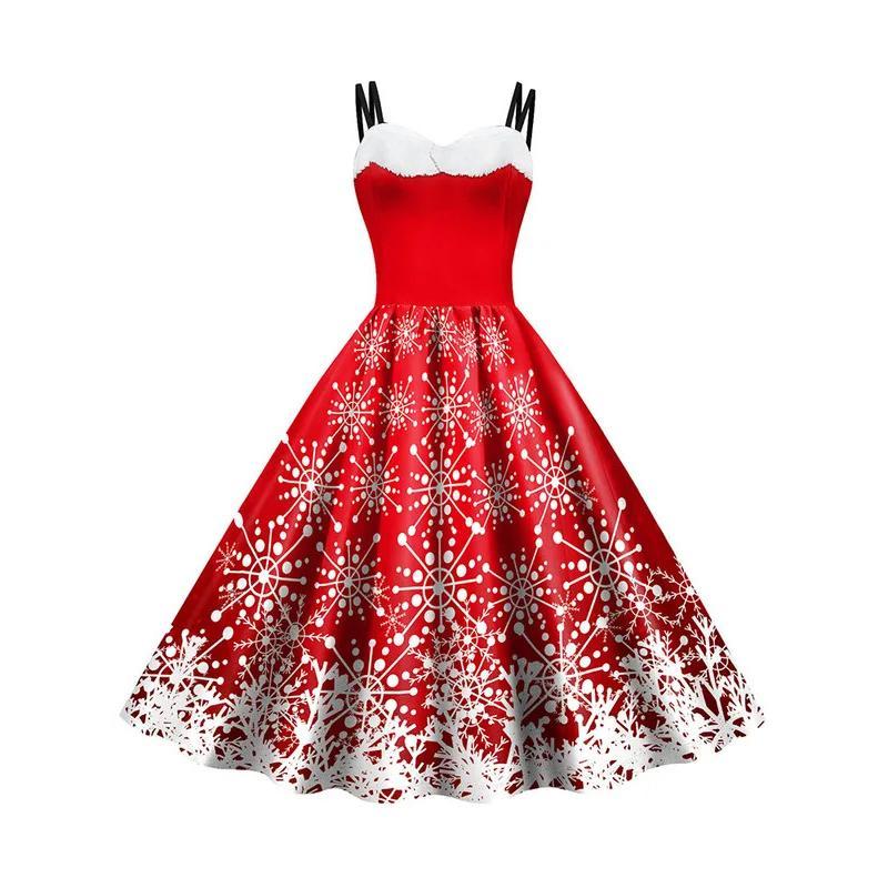 Women Christmas Cosplay Costumes Vintage Holiday Party Elk Snowflake Print Fur Necklace Sexy Spaghetti Strap Dress New Year