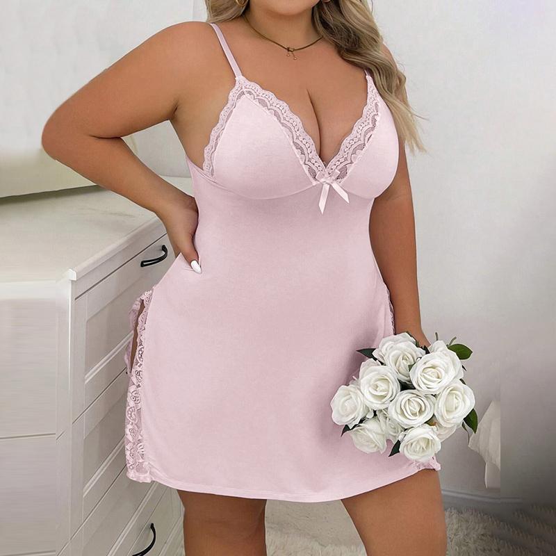 Chicme Plus Size Bowknot Decor Lace Patch Slit Sleep Dress