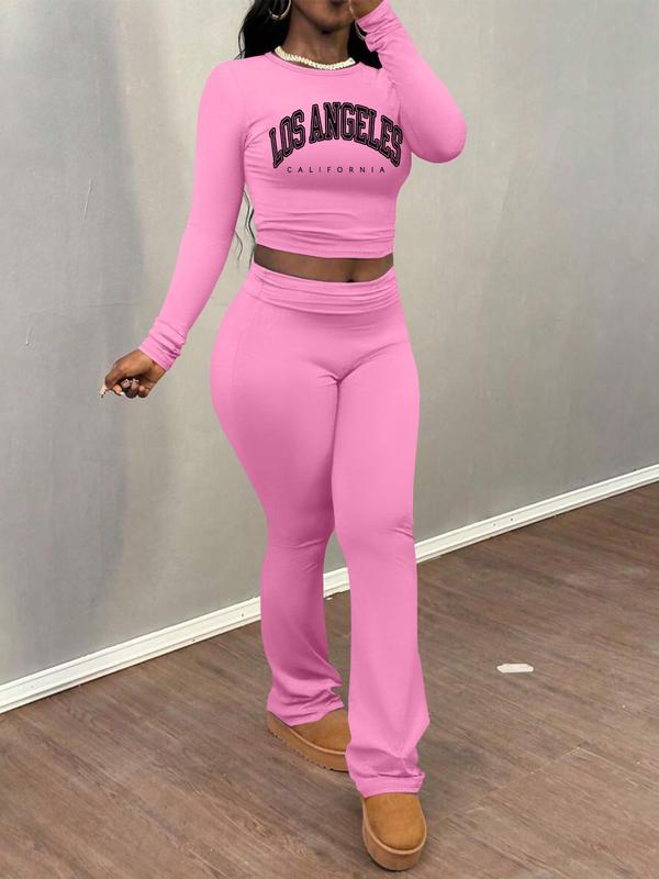 Women's Letter Print Long Sleeve Crop Tee & Plain Flare Leg Pants Two-Piece Set, Casual Fashion Cozy Round Neck Top & Bell Bottom Trousers for Daily Outdoor Wear, Women's Clothing for Fall & Winter