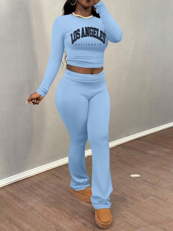 Women's Letter Print Long Sleeve Crop Tee & Plain Flare Leg Pants Two-Piece Set, Casual Fashion Cozy Round Neck Top & Bell Bottom Trousers for Daily Outdoor Wear, Women's Clothing for Fall & Winter