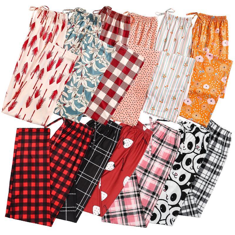 3 PCS Set Per Pack Women's Soft Drawstring Elastic Waist Loose Cute Heart Plaid Knit Causal Sleeping Pajamas Trousers Red PJ Pants Bottom For Summer Fall Comfort Loungewear  Fabric Casual Floral Pajama Set pantalón  pijama matching pants loungewear pjs