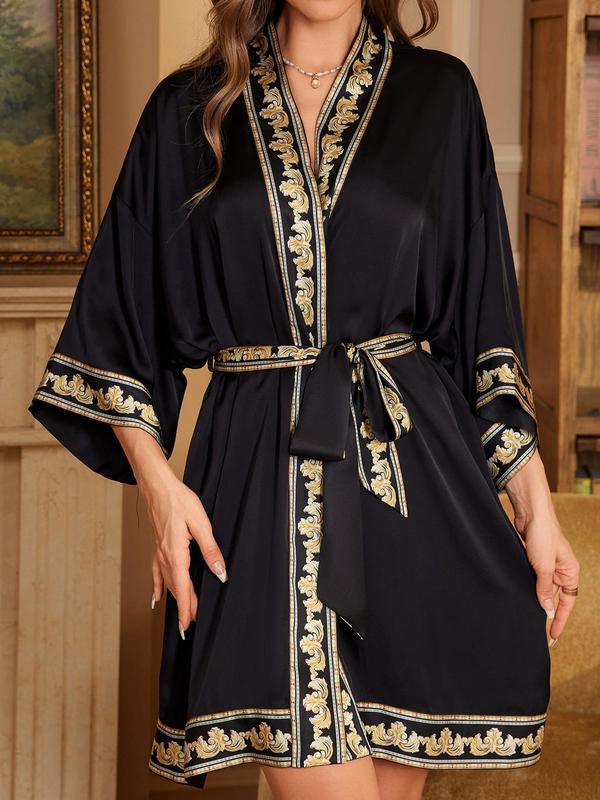 Women's Contrast Binding Belted Robe, Casual Soft Comfortable Half Sleeve Dressing Gown, Ladies Sleepwear for All Seasons