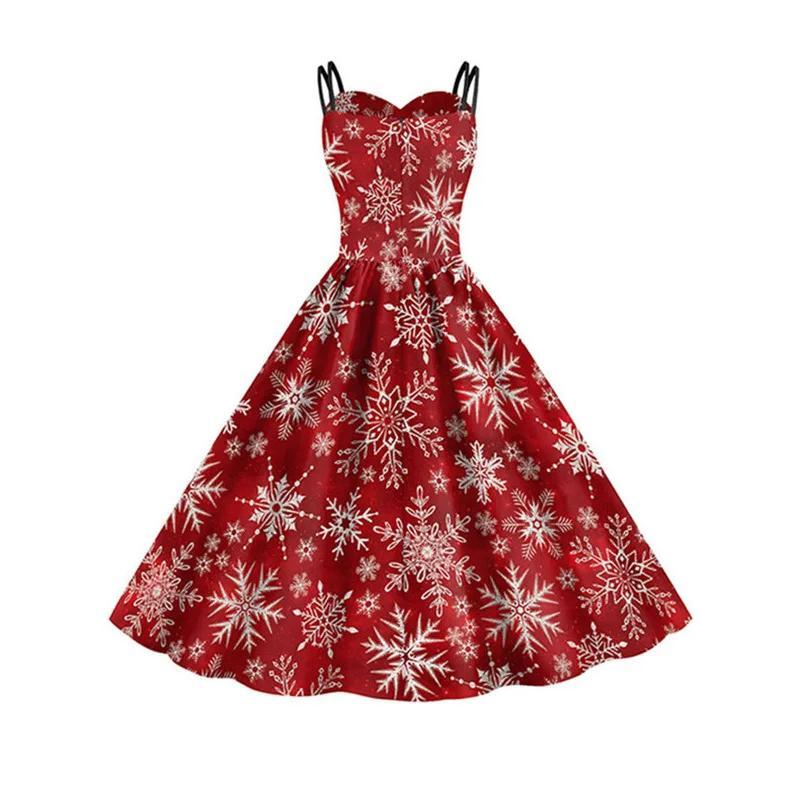 Women Christmas Cosplay Costumes Vintage Holiday Party Elk Snowflake Print Fur Necklace Sexy Spaghetti Strap Dress New Year