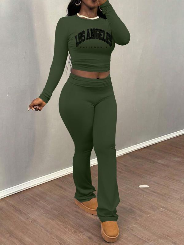 Women's Letter Print Long Sleeve Crop Tee & Plain Flare Leg Pants Two-Piece Set, Casual Fashion Cozy Round Neck Top & Bell Bottom Trousers for Daily Outdoor Wear, Women's Clothing for Fall & Winter