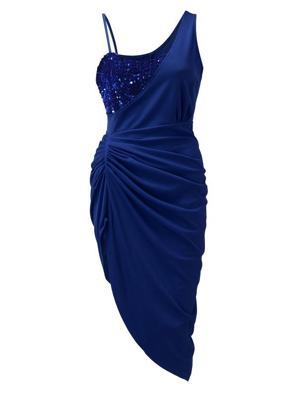 Women's Contrast Sequin Ruched Split Thigh Dress, Asymmetrical Neck Sleeveless Midi Dress for Party Club Dating Wear, Ladies Clothes for All Seasons