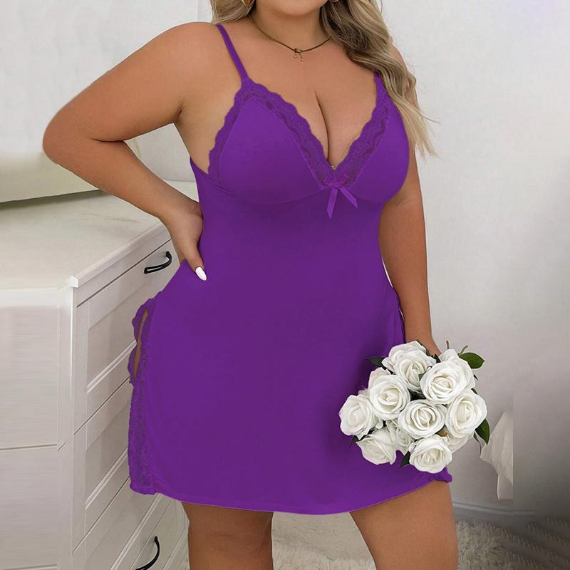 Chicme Plus Size Bowknot Decor Lace Patch Slit Sleep Dress