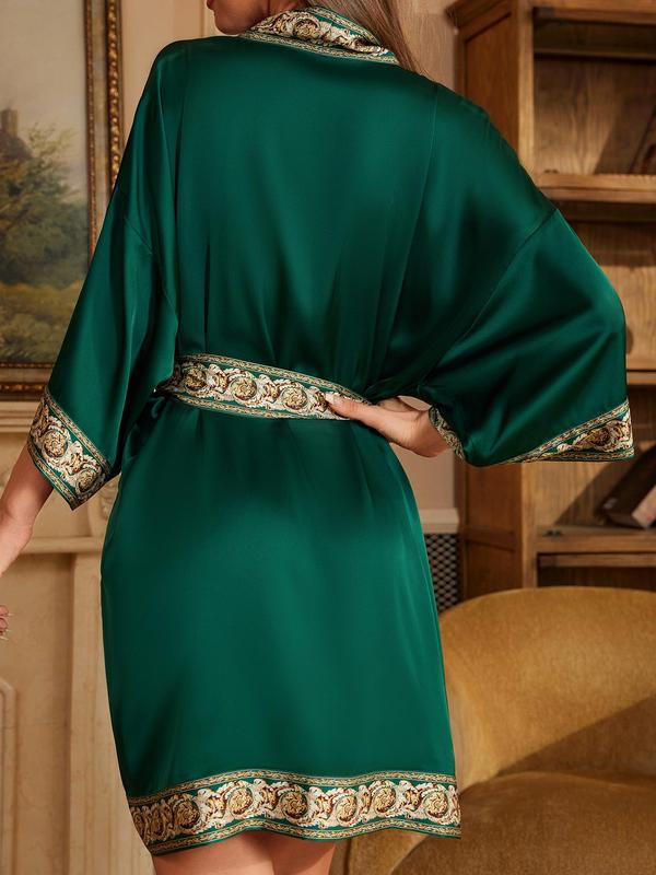 Women's Contrast Binding Belted Robe, Casual Soft Comfortable Half Sleeve Dressing Gown, Ladies Sleepwear for All Seasons