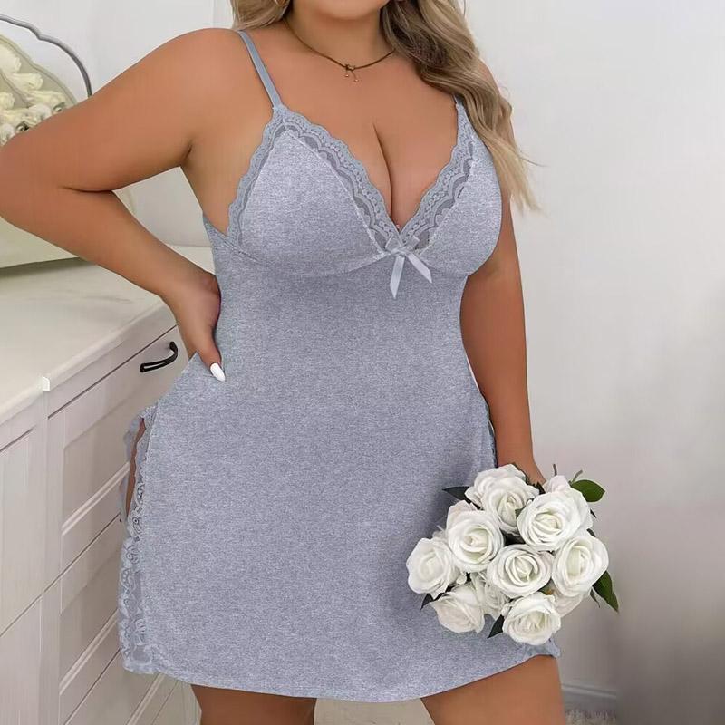 Chicme Plus Size Bowknot Decor Lace Patch Slit Sleep Dress