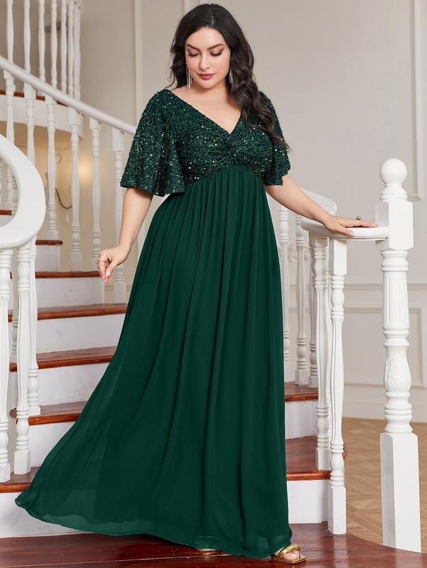 Plus Size Contrast Sequin Butterfly Sleeve Evening Dress, Summer Clothes Women, Elegant Short Sleeve Maxi Dress for Party, Women's Clothing for Summer