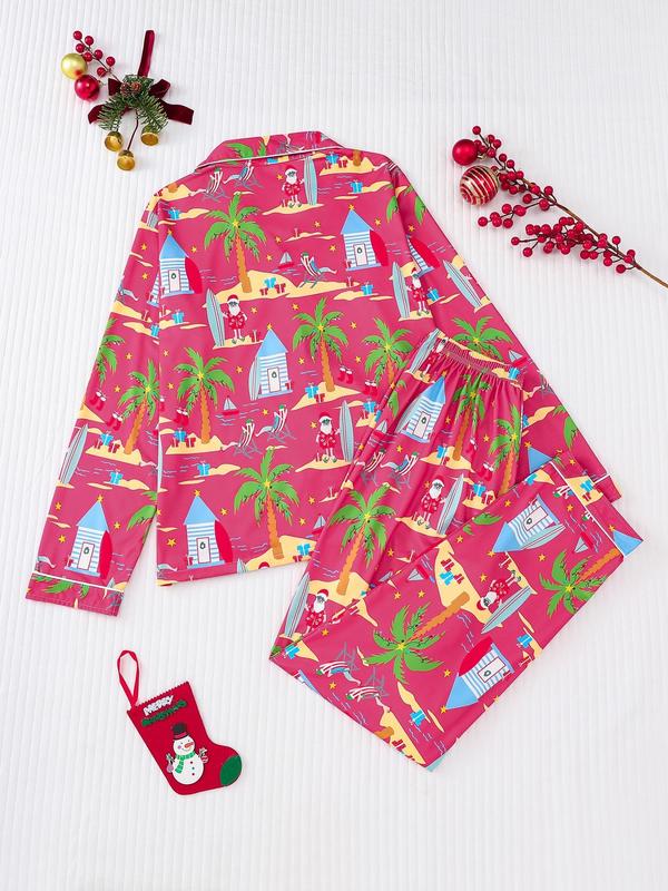 Two-piece Set Women's All Over Christmas Cartoon Print Button Front Pocket Shirt & Elastic Waist Pants Pajama Set, Casual Long Sleeve Lapel Neck Top & Elastic Waist Trousers Pj Set, Ladies Sleepwear for Spring & Fall