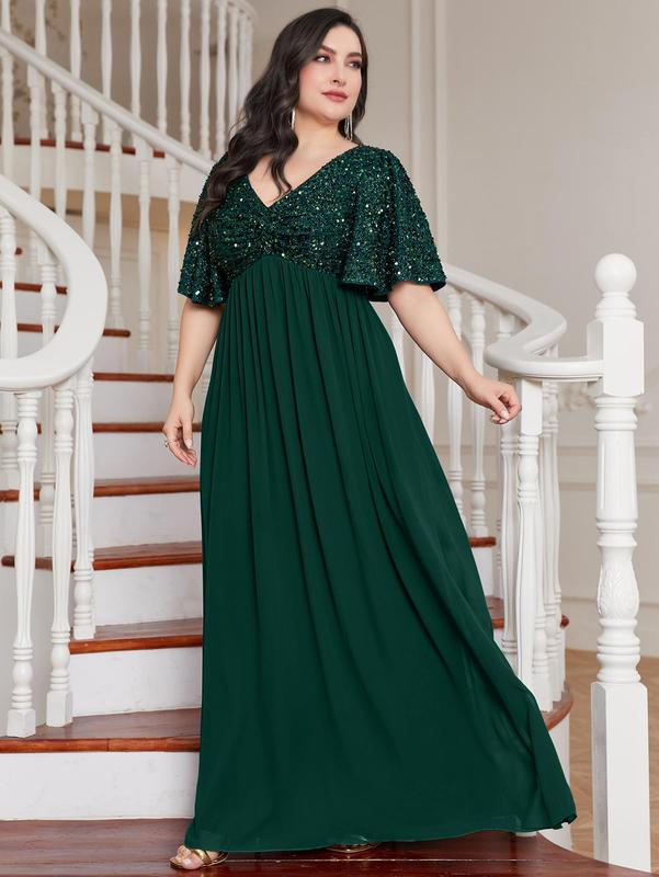 Plus Size Contrast Sequin Butterfly Sleeve Evening Dress, Summer Clothes Women, Elegant Short Sleeve Maxi Dress for Party, Women's Clothing for Summer