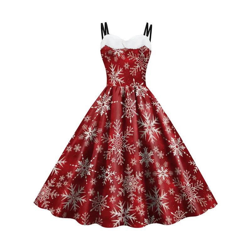 Women Christmas Cosplay Costumes Vintage Holiday Party Elk Snowflake Print Fur Necklace Sexy Spaghetti Strap Dress New Year