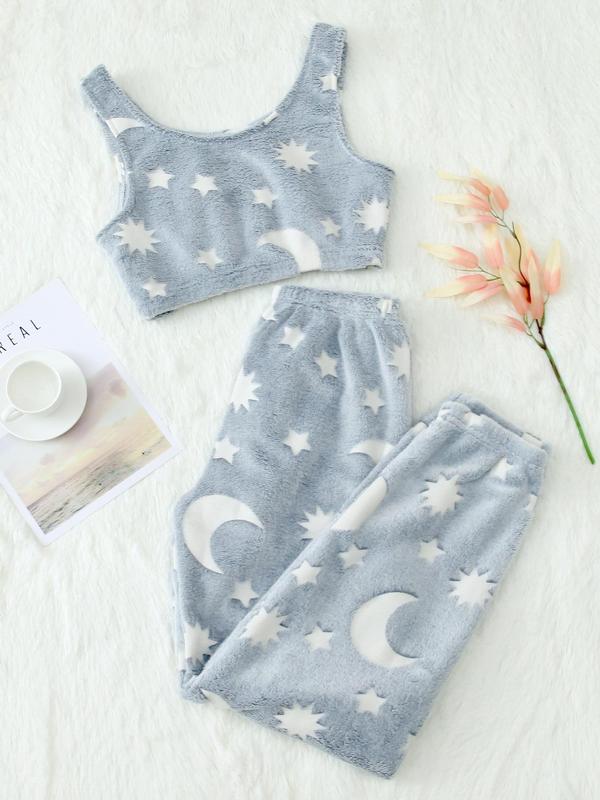 Women's Glow in The Dark Heart & Star Flannel Halloween Pajamas Set, Fluffy Pajamas, Round Neck Sleeveless Crop Tank Top & Elastic Waist Pants Pjs Set, Women's Sleepwear, Fall Cute Wear, Pajama Pants at Gym