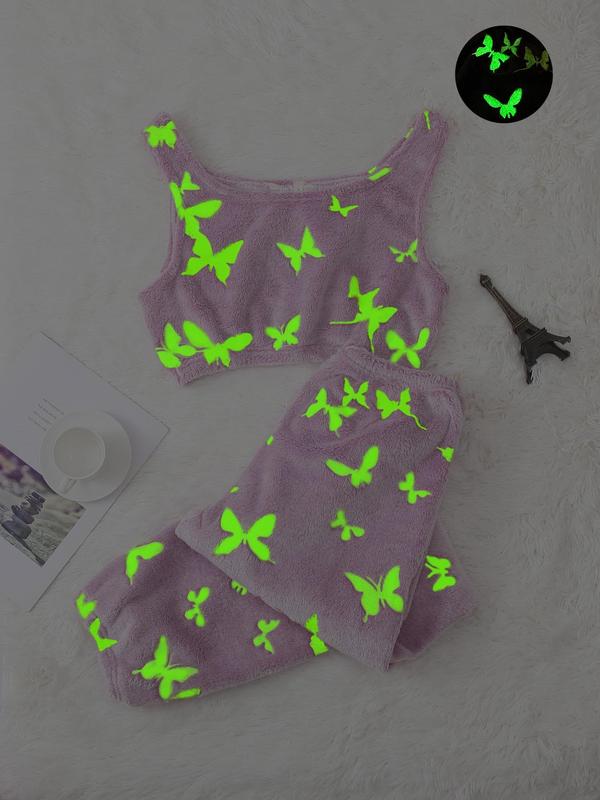 Women's Glow in The Dark Heart & Star Flannel Halloween Pajamas Set, Fluffy Pajamas, Round Neck Sleeveless Crop Tank Top & Elastic Waist Pants Pjs Set, Women's Sleepwear, Fall Cute Wear, Pajama Pants at Gym