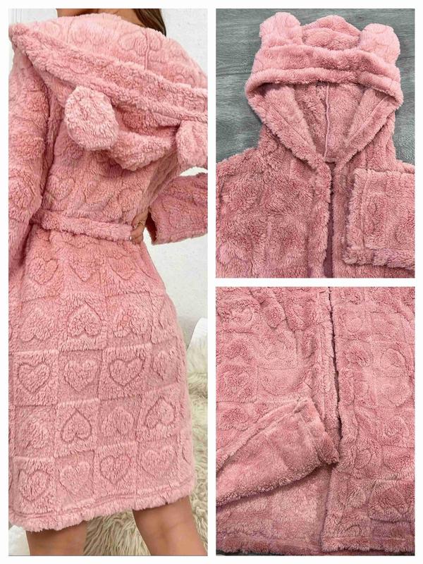 Women's Heart Pattern Belted Fuzzy Hooded Bathrobe, Casual Long Sleeve Dressing Gown, Ladies Sleepwear for Fall & Winter