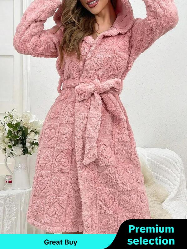 Women's Heart Pattern Belted Fuzzy Hooded Bathrobe, Casual Long Sleeve Dressing Gown, Ladies Sleepwear for Fall & Winter