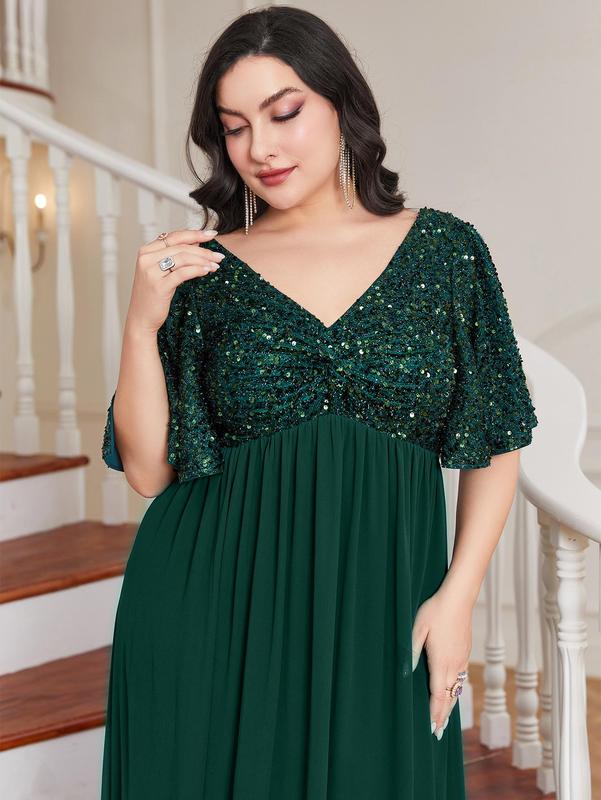 Plus Size Contrast Sequin Butterfly Sleeve Evening Dress, Summer Clothes Women, Elegant Short Sleeve Maxi Dress for Party, Women's Clothing for Summer