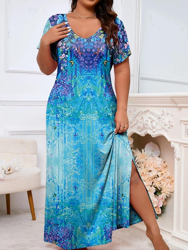  Floral Print V Neck Split Nightdress, Casual Soft Comfortable Short Sleeve Nightgown for Women, Women's Sleepwear for All Seasons