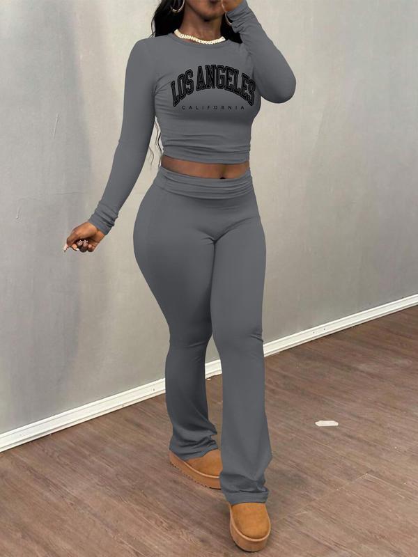 Women's Letter Print Long Sleeve Crop Tee & Plain Flare Leg Pants Two-Piece Set, Casual Fashion Cozy Round Neck Top & Bell Bottom Trousers for Daily Outdoor Wear, Women's Clothing for Fall & Winter