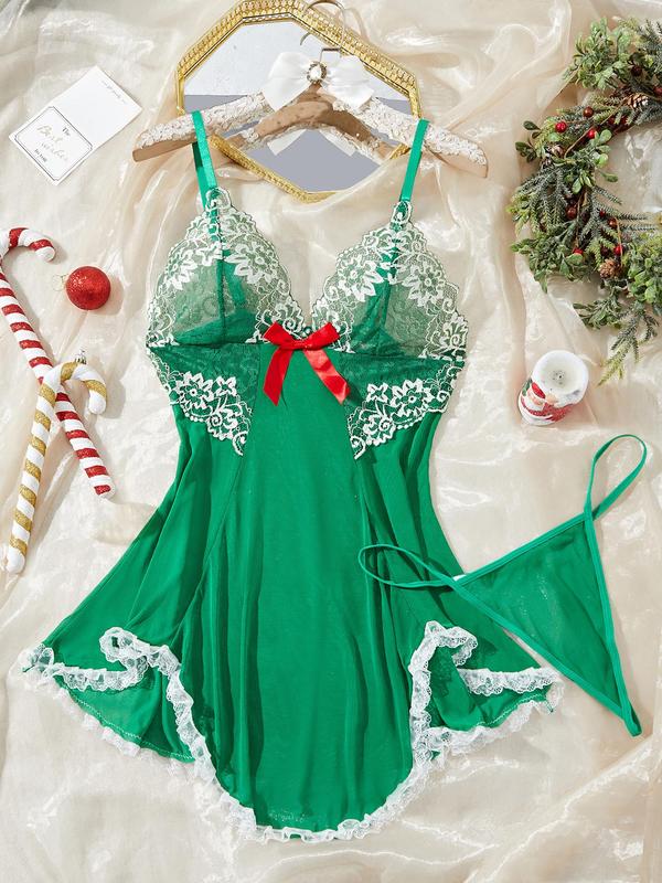 Women's Contrast Lace Bow Decor Cami Nightdress & Panty Two-Piece Set, Solid Color Deep V Neck Nightgown & Panty, Ladies Sleepwear for All Seasons