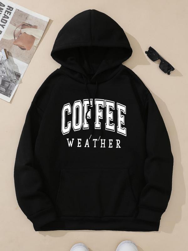 Women's Letter Print Drop Shoulder Thermal Lined Hoodie, Fashion Casual Drawstring Pocket Hooded Sweatshirt for Daily Holiday Outdoor Wear, Women Clothing for Fall & Winter