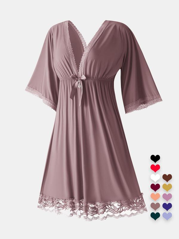 Women's Plain Contrast Lace Bow Decor Nightdress, Minimalist Casual Soft Comfortable Deep Vneck Half Sleeve Nightgown, Ladies Basic Sleepwear Homewear for All Seasons, Womenswear