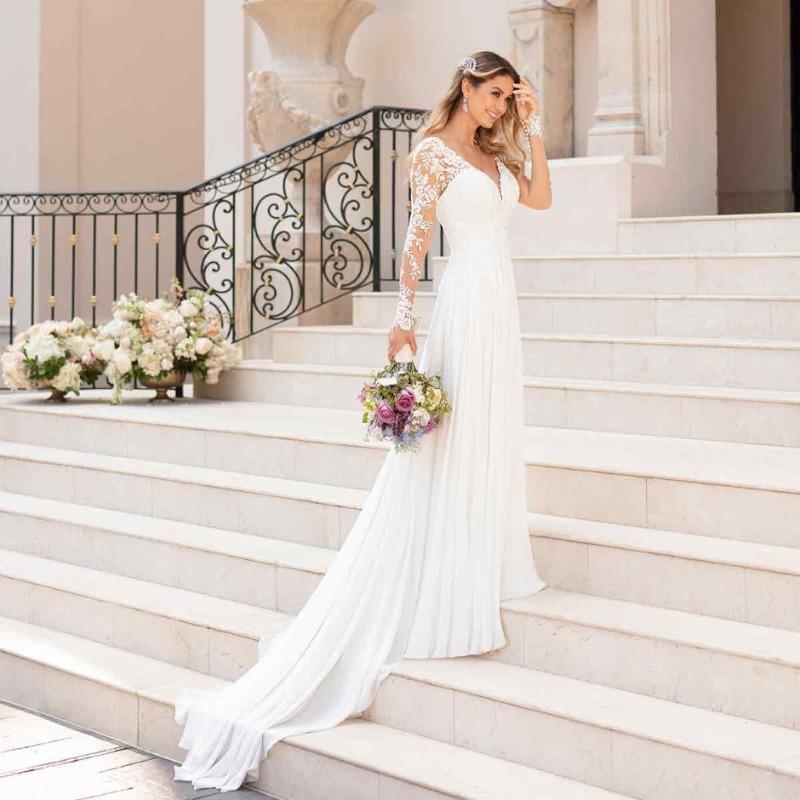 QY-518 Women's Deep V-Neck Long-Sleeve Wedding Gown – Elegant Luxe Bridal Dress for a Sophisticated Look fall  dress