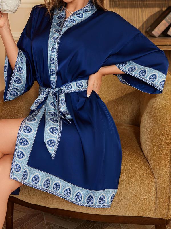 Women's Contrast Binding Belted Robe, Casual Soft Comfortable Half Sleeve Dressing Gown, Ladies Sleepwear for All Seasons