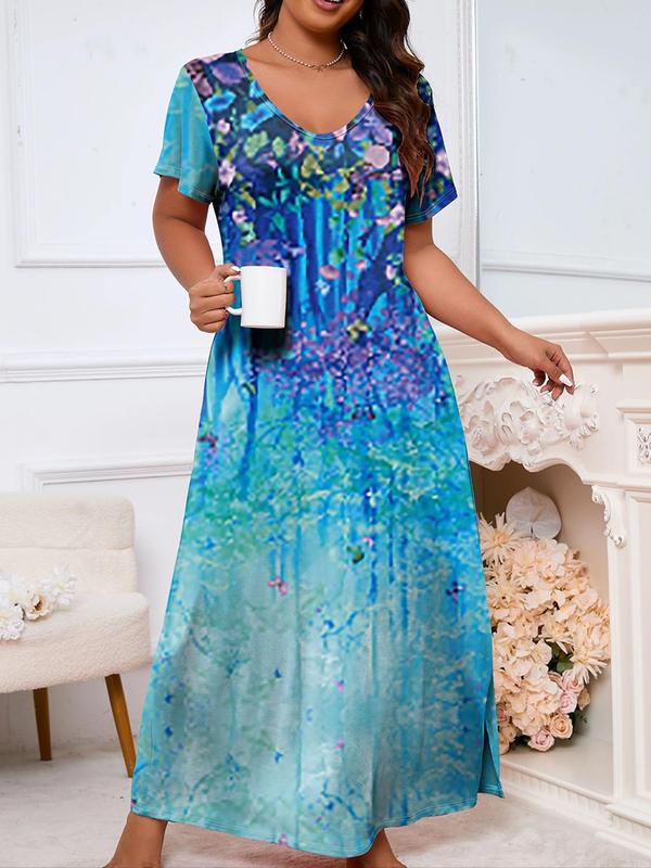  Floral Print V Neck Split Nightdress, Casual Soft Comfortable Short Sleeve Nightgown for Women, Women's Sleepwear for All Seasons