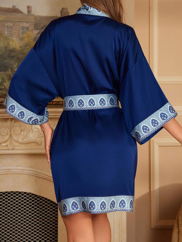 Women's Contrast Binding Belted Robe, Casual Soft Comfortable Half Sleeve Dressing Gown, Ladies Sleepwear for All Seasons