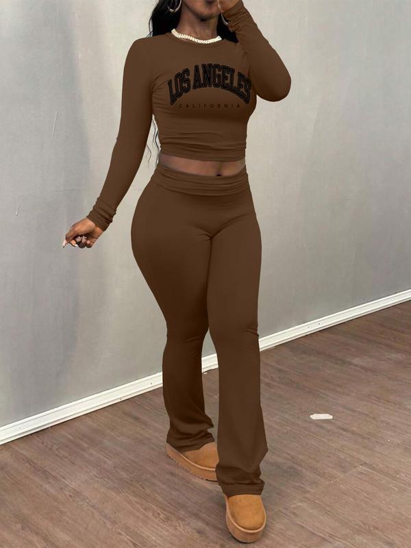 Women's Letter Print Long Sleeve Crop Tee & Plain Flare Leg Pants Two-Piece Set, Casual Fashion Cozy Round Neck Top & Bell Bottom Trousers for Daily Outdoor Wear, Women's Clothing for Fall & Winter