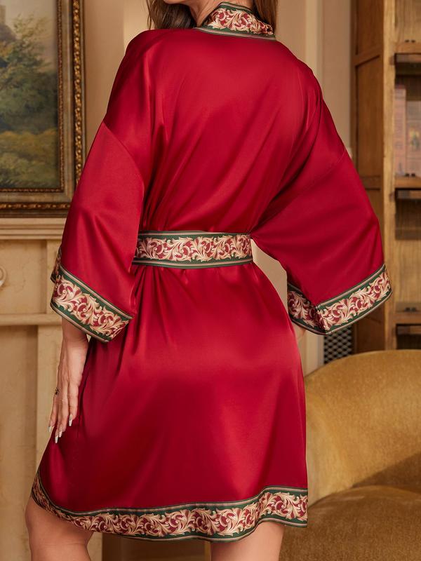 Women's Contrast Binding Belted Robe, Casual Soft Comfortable Half Sleeve Dressing Gown, Ladies Sleepwear for All Seasons