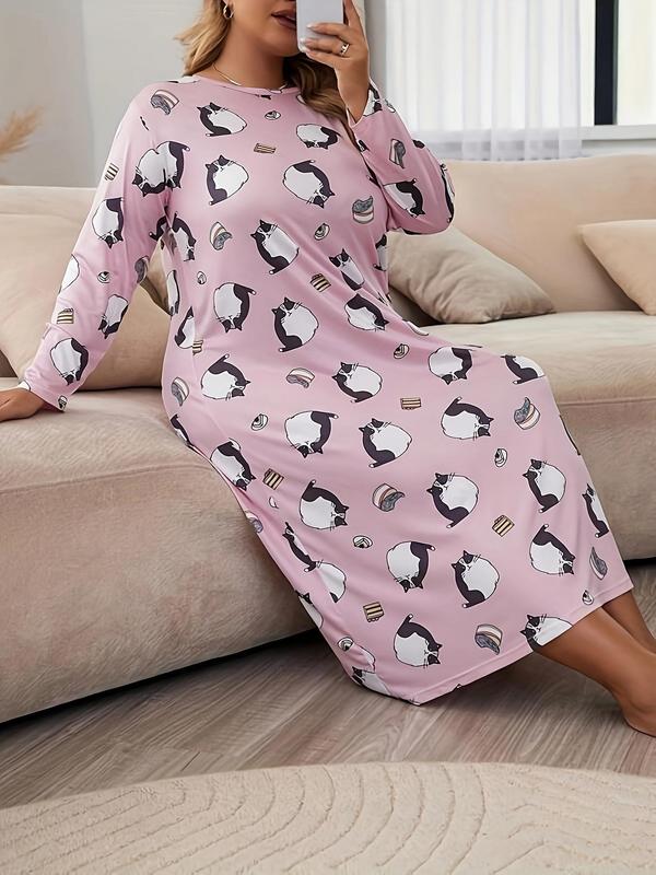 Plus Size Cartoon Print Drop Shoulder Round Neck Midi Pj Nightdress, Plus Casual Comfy Crew Neck Long Sleeve Nightgown for Women, Lady's Sleepwear & Homwear for Spring & Fall