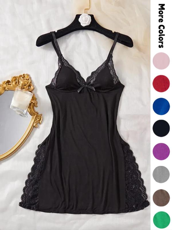 Women's Plain Sheer Contrast Lace Split Thigh Cami Nightdress, Elegant Soft Sleep Dress, Bow Decor Spaghetti Strap Sleeveless Nightgown for Summer, Women's Nightwear, Fashion Ladies' Sleepwear for Daily Wear Homecoming Dresses